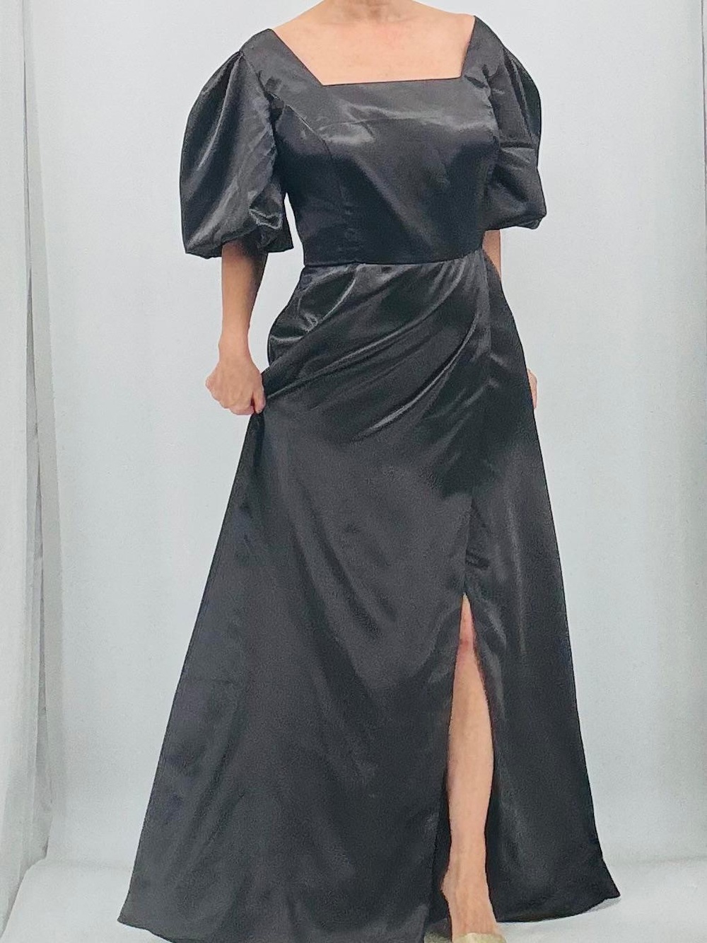 AW Bridal Etta Satin Charmeuse Black Metallic A Line Puff Sleeve Bridesmaid Gown